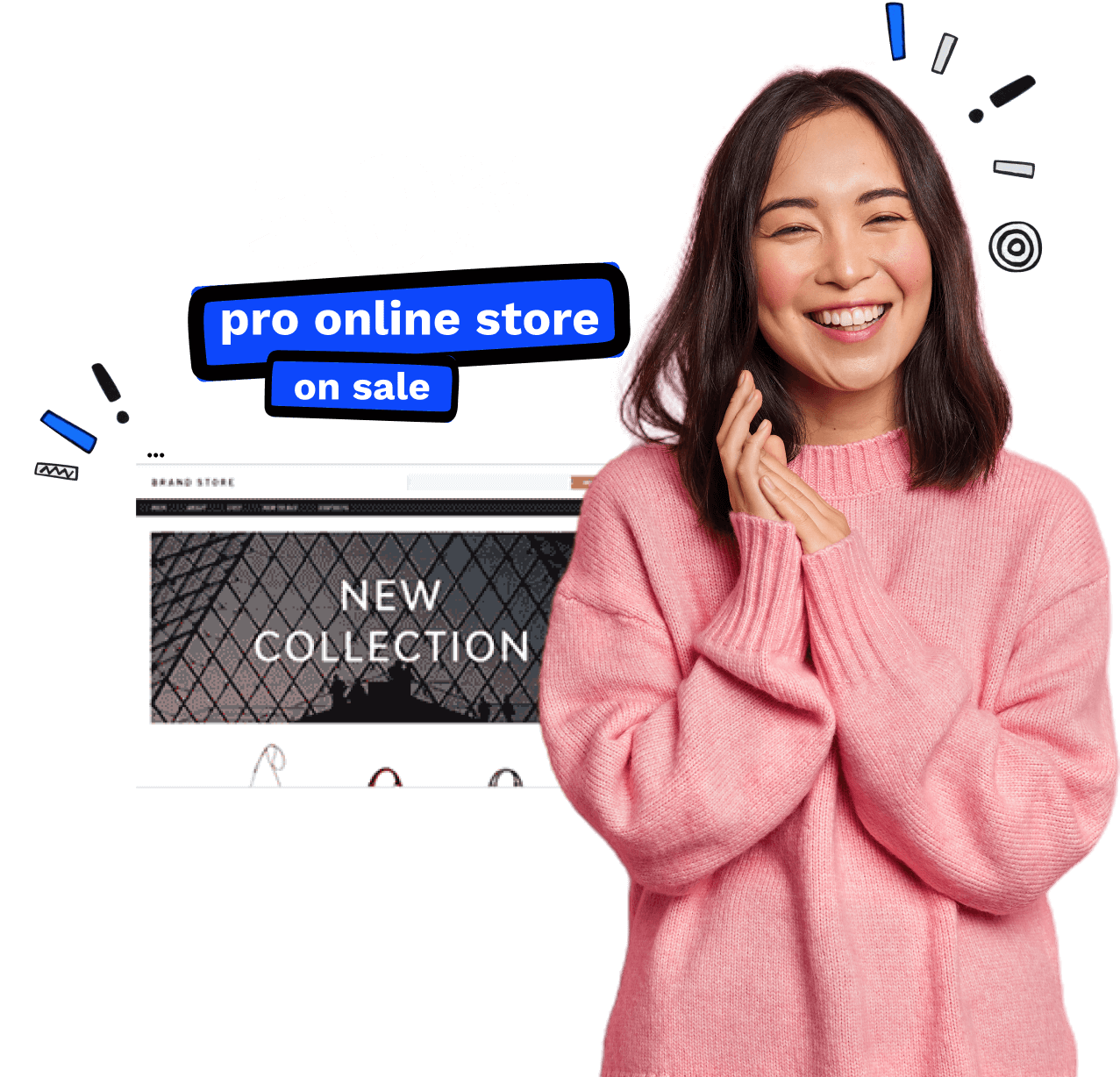 Female smiling with hands together with laptop with online store in background with message above laptop saying 50 percent off pro online store sale