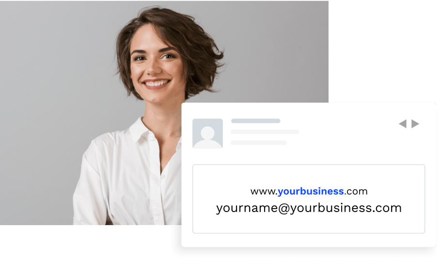 Smiling woman with short hair, and an image of an example website URL and business email address