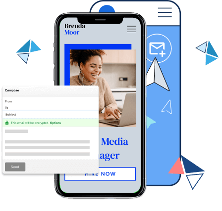 Illustration of mobile phone displaying image of smiling woman on a laptop overlapped by a email