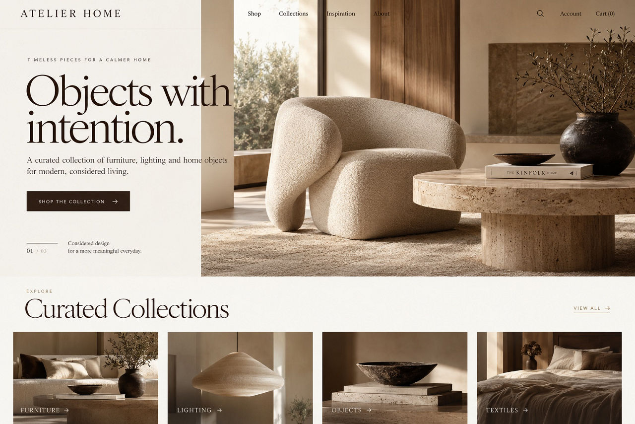 Atelier Home — illustrative website concept on desktop