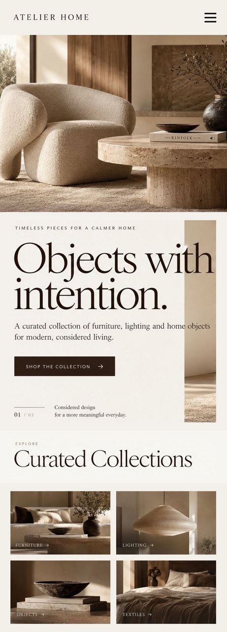 Atelier Home — the same website on a phone