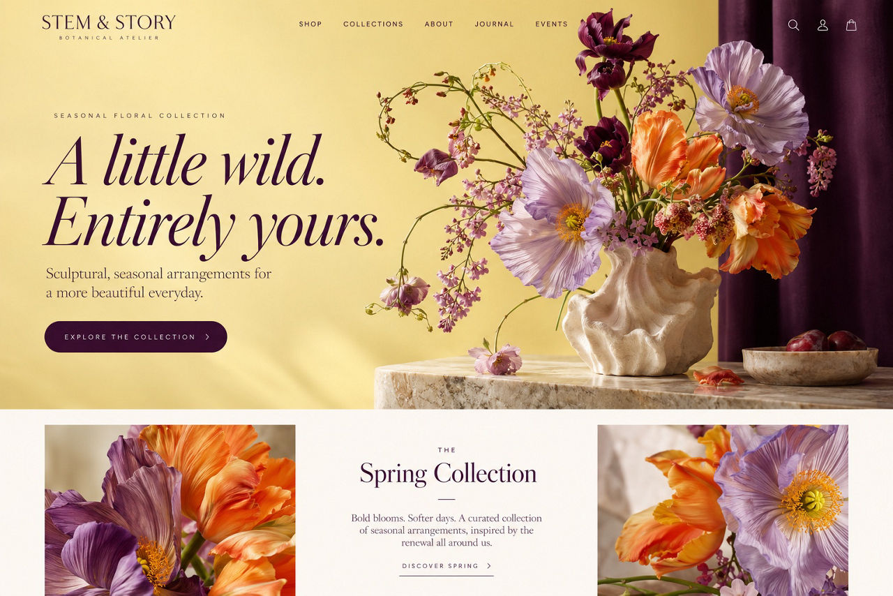 Stem & Story — illustrative website concept on desktop
