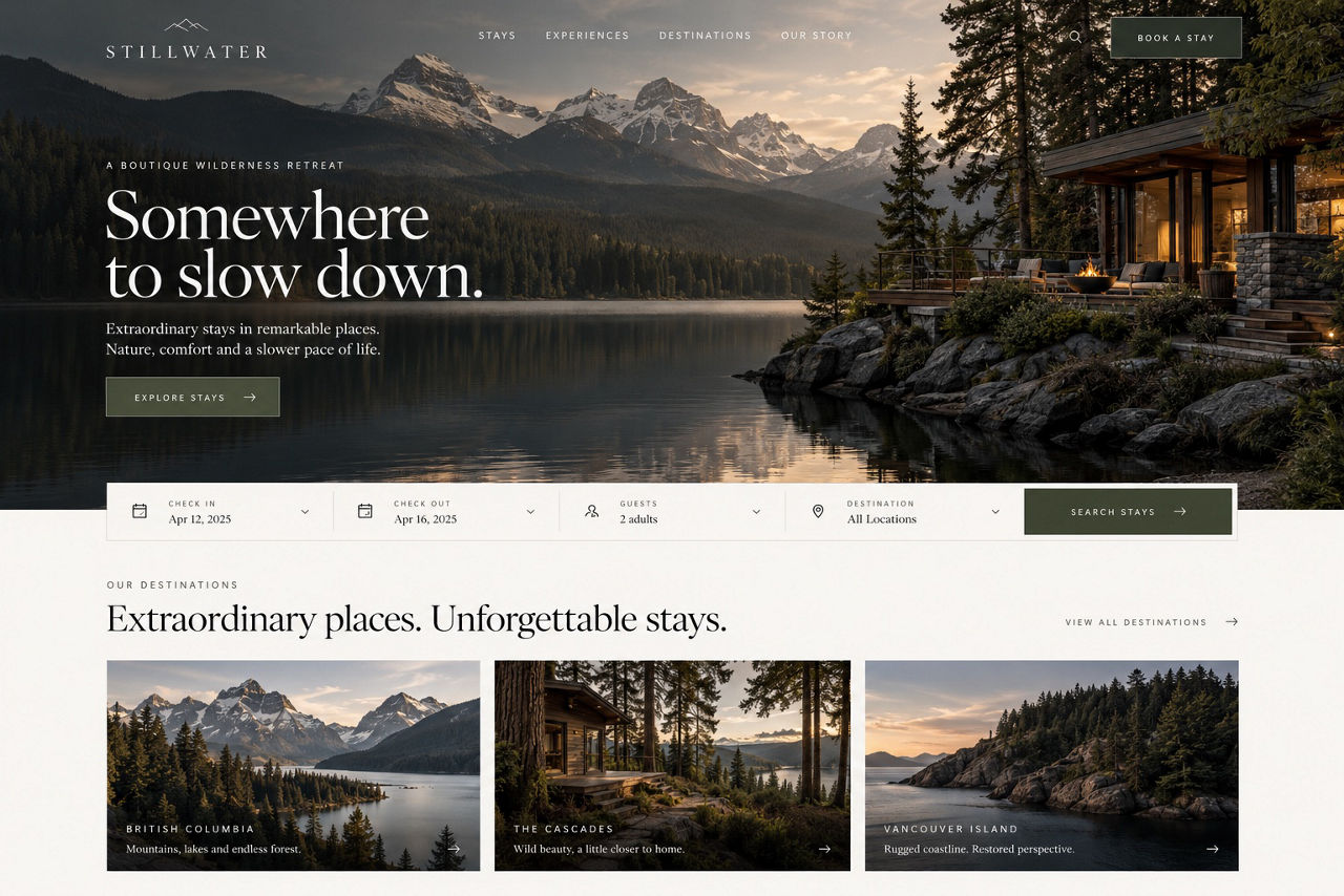 Stillwater — illustrative website concept on desktop