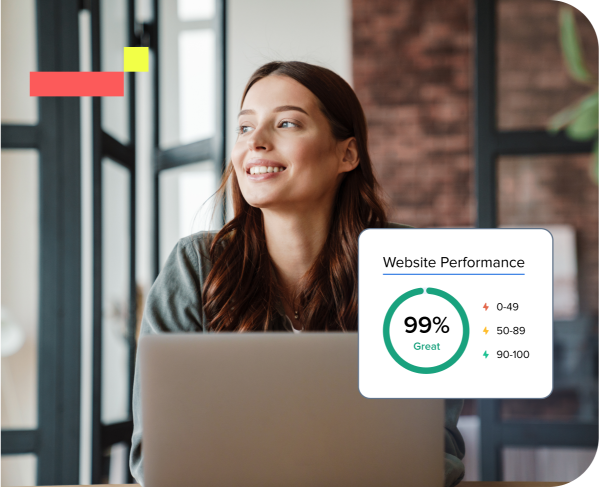 woman with laptop browsing a website with 99% website performance