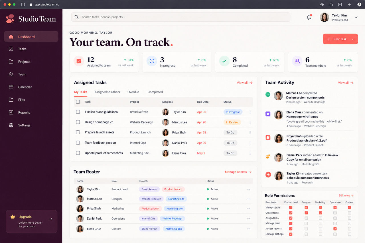 Studio Team — illustrative app concept on desktop