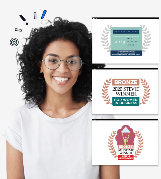 Smiling female with overlapping awards for 2019 best contact center 2020 stevie bronze award for business products - women in business and 2021 stevie bronze award for business technology