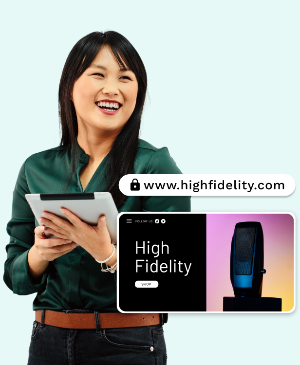 young woman with a tablet looking forward. website template